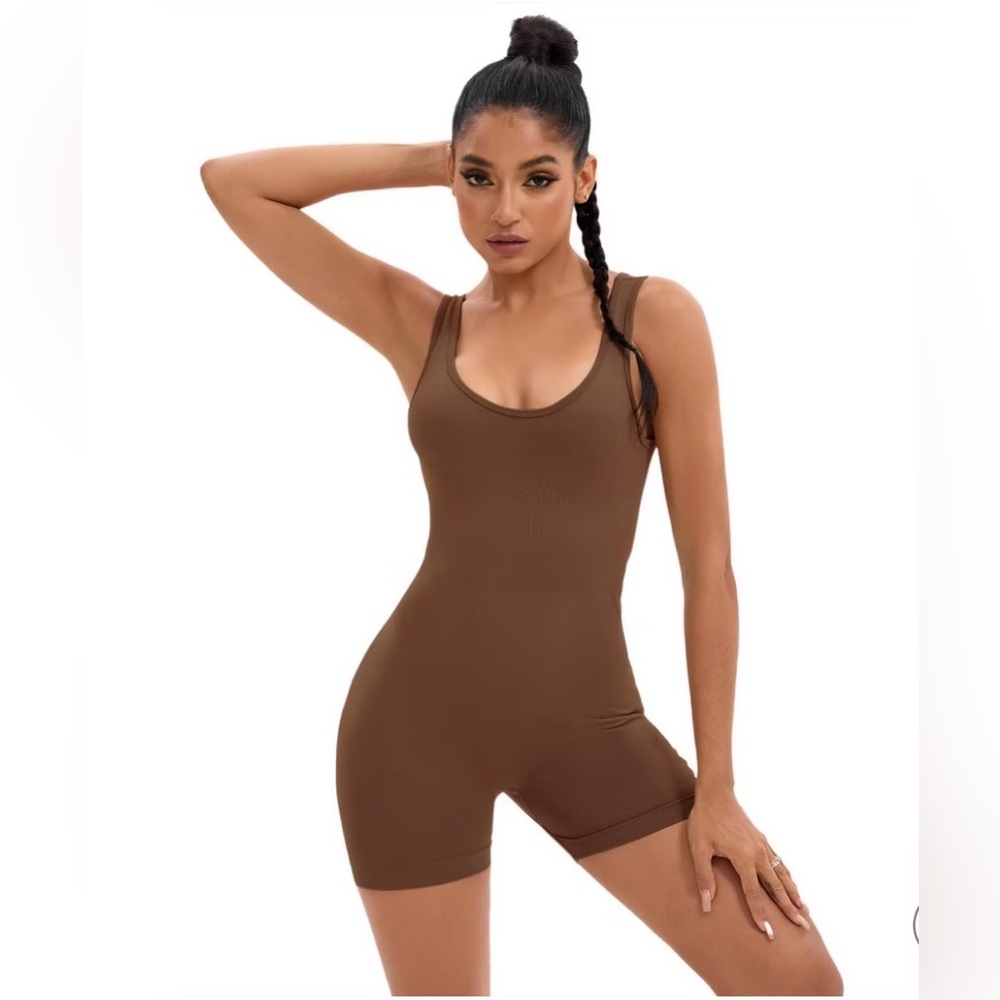 Unbranded Women’s Brown Ribbed Biker One Piece Y2K Indie Grunge Athletic
